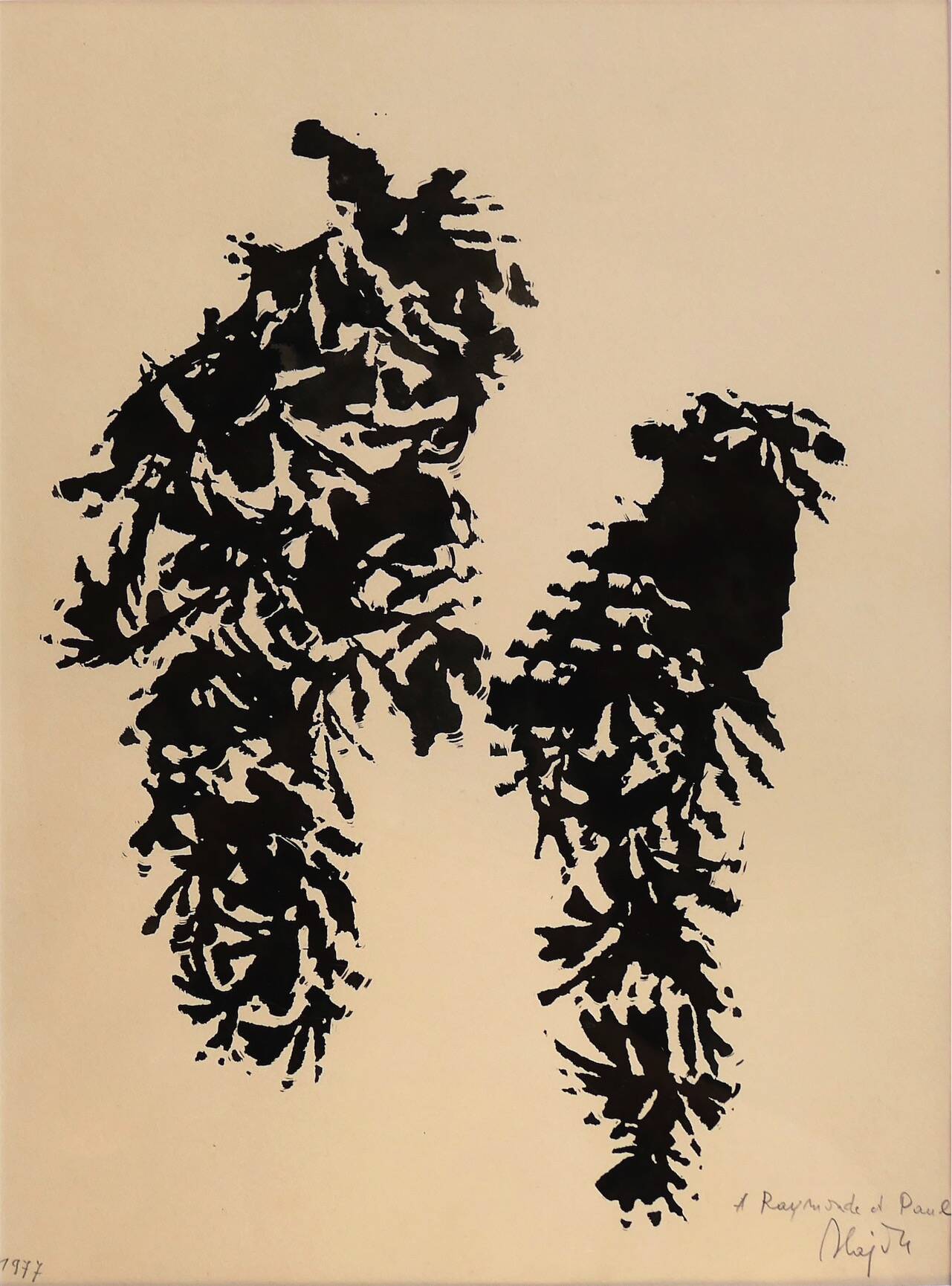 Sans titre, 1977 encre sur papier  42 x 31 cm dédicace à Raymonde Godin et Paul Kallos