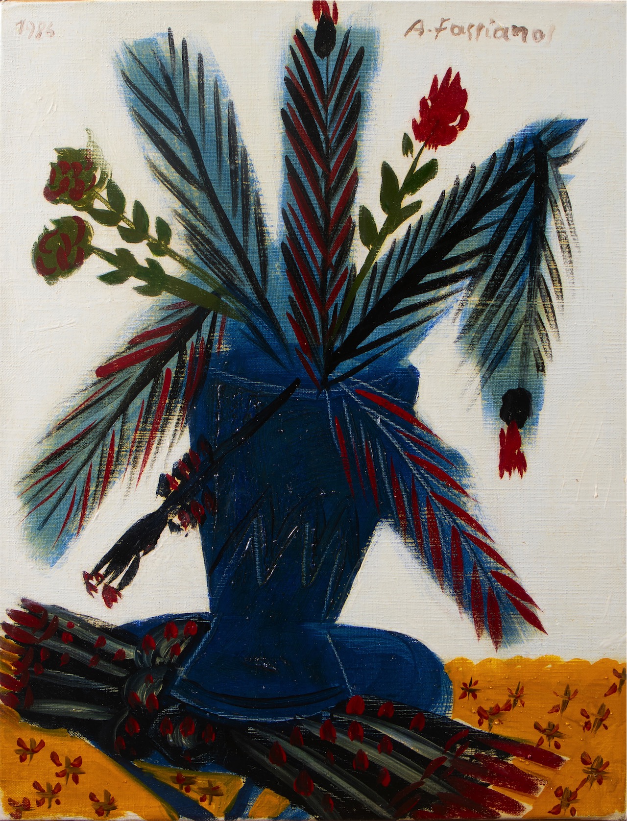 Bouquet de fleurs au vase bleu, 1986 huile sur toile 35 x 27 cm