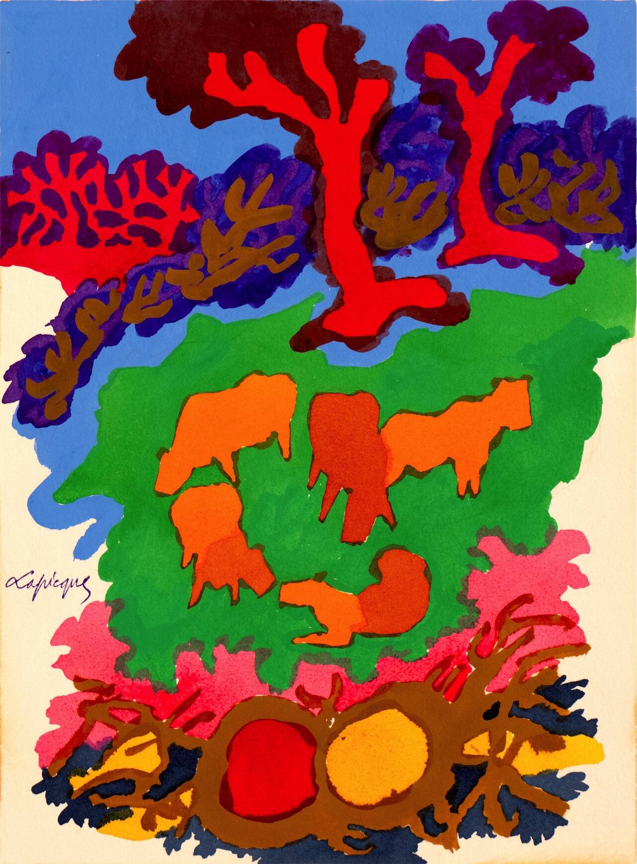 Maquette originale pour appareil de la terre de Jean Follain, 1960 gouache sur carton  32,6 x 23,7 cm