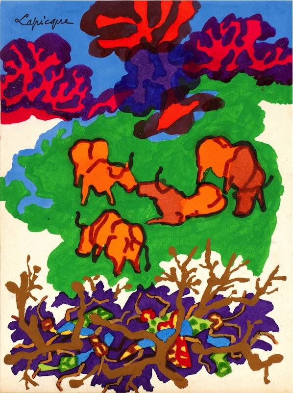 Sandkat4X4 Maquette originale pour appareil de la terre de Jean Follain, 1960 gouache sur carton  32,6 x 23,6 cm