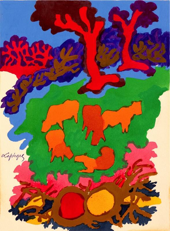 Sandkat4X4 Maquette originale pour appareil de la terre de Jean Follain, 1960 gouache sur carton  32,6 x 23,7 cm