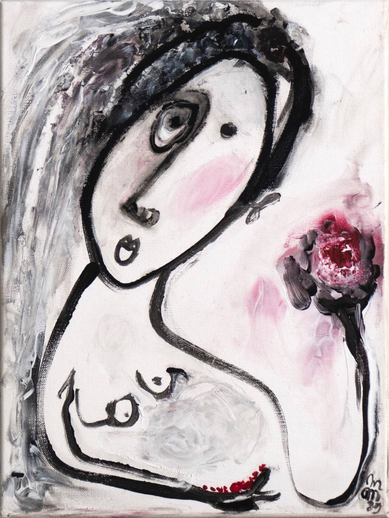 Femme  avec la fleur 1989 acrylique sur toile 40 x 30 cm