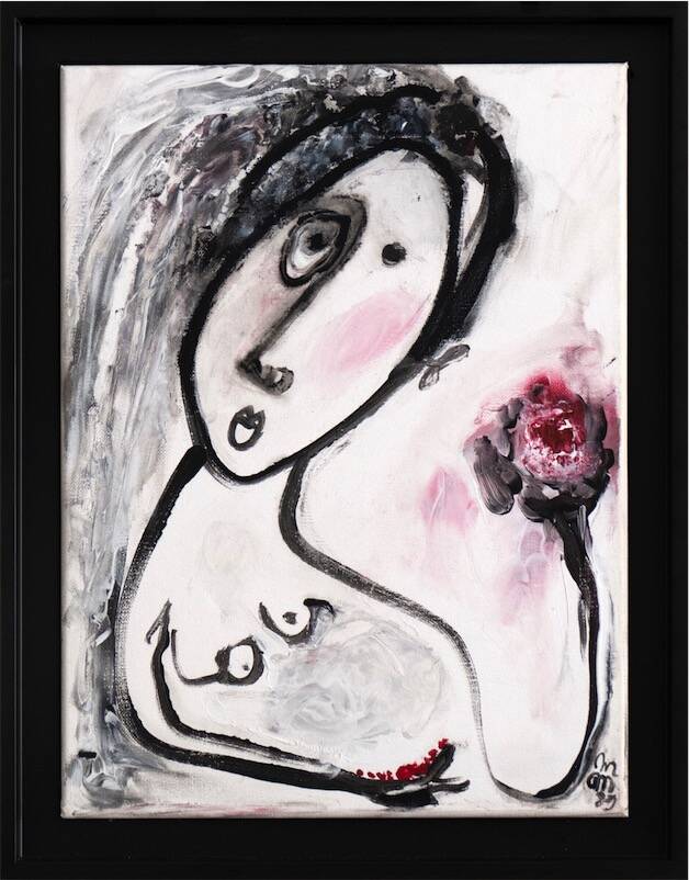 Sandkat4X4 Femme  avec la fleur 1989 acrylique sur toile 40 x 30 cm