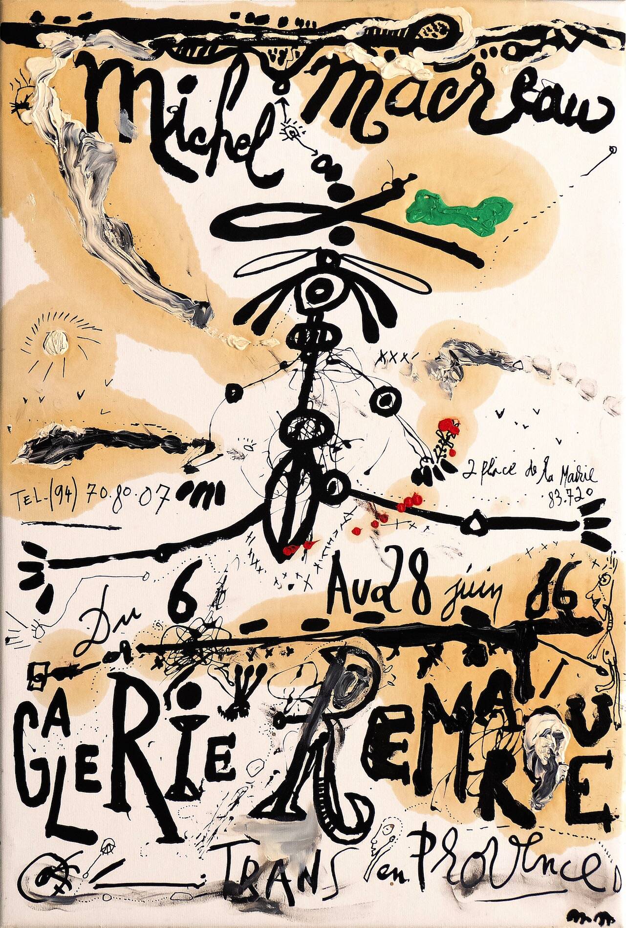 Exposition galerie remarque, 1986 technique mixte à l' acrylique sur fond d'affiche sur papier marouflée sur toile 60,5 x 40,5 cm monogrammée et datée à l'acrylique
