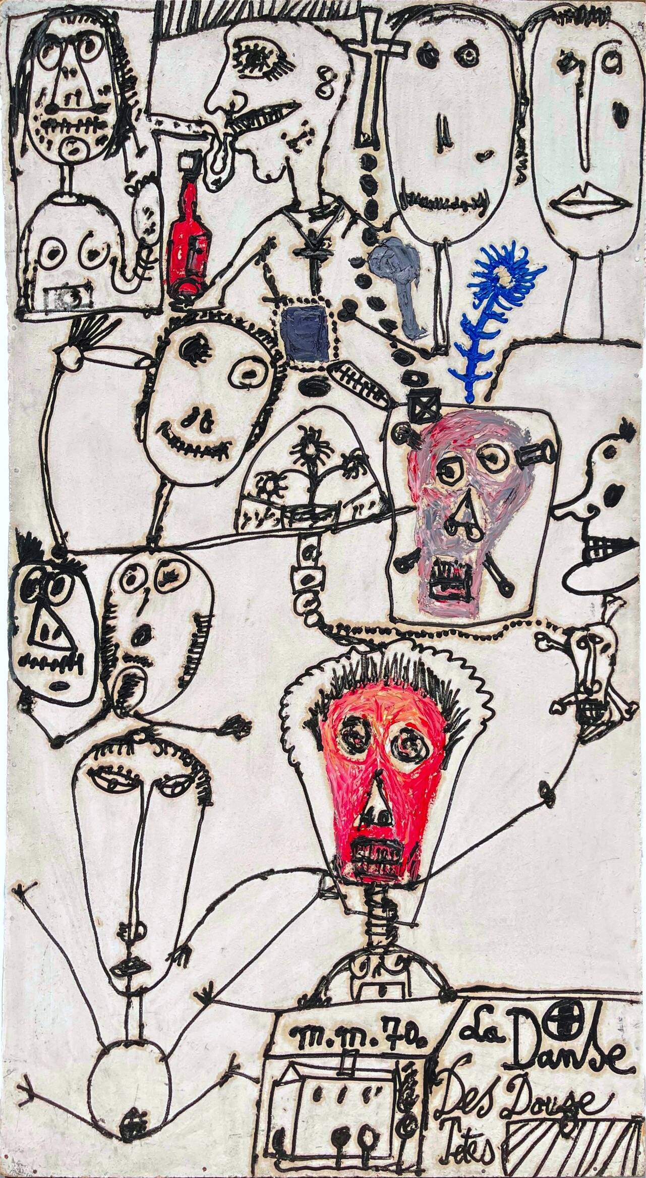 la danse des 12 têtes, 1970 huile sur masonite 186 x 102 cm
